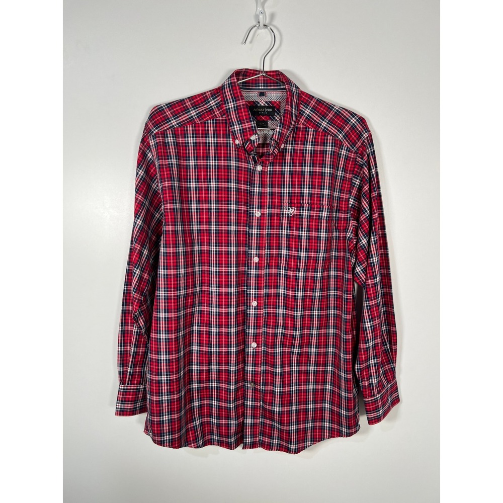 Ariat Pro Series Mens Red White Blue Plaid Western Button‎ Down Shirt Medium